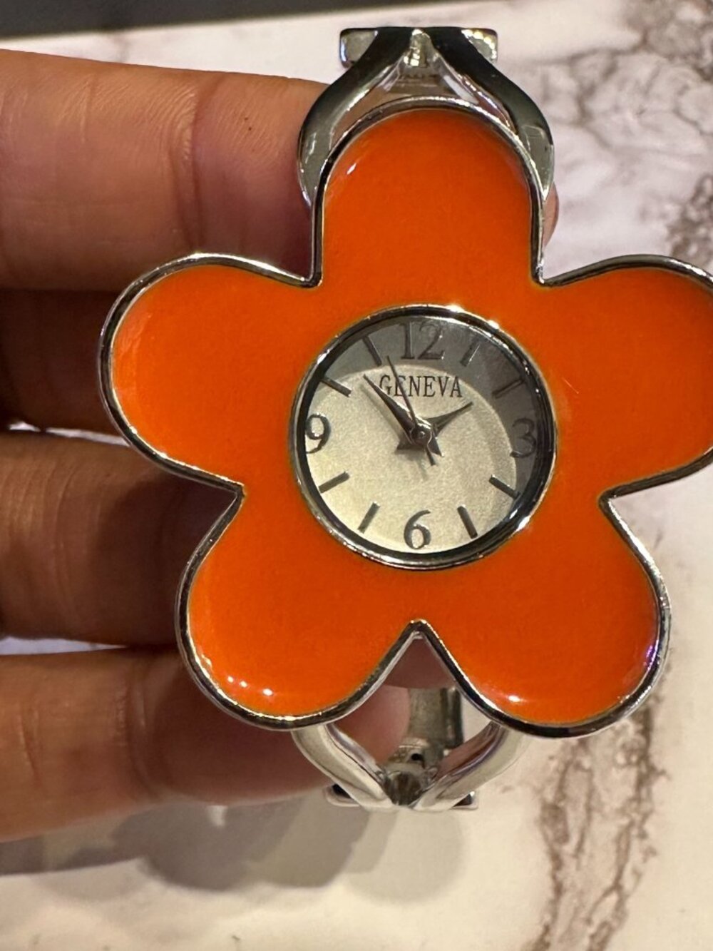 Geneva Watch Women Orange Enamel Flower Case Hinged Cuff Band New Battery